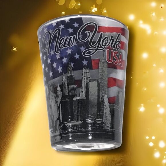 4 USA Flag New York Landscape Frosted Smokey Black Shot Glasses Set NWT!! - Picture 2 of 4